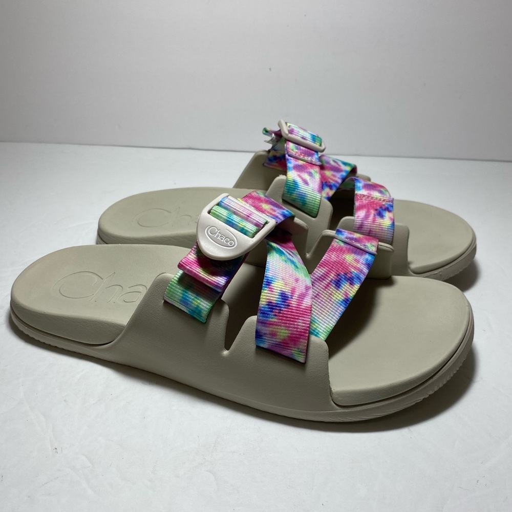 Chaco Slide Sandal Sport Women Tie Dye Comfort Slip On Grey Pastel Chillos Sz 9